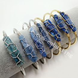 30Pcs Handmade Wire Wrapped Irregular Natural Blue Kyanite Healing Crystal Gemstone Bar Adjustable Open Cuff Bangle Bracelet for Men Women