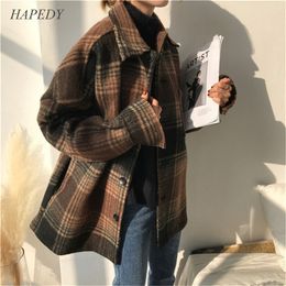 Women's Winter Plaid Wool Blends Vintage Coat Jacket Check Batwing Sleeve Korean Woman Coats Autumn Pocket Outerwear Ladies LJ201106