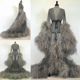 Bathrobe for Women Grey Feather Floor Length Nightgown Pajamas Sleepwear Women's Luxury Gowns Housecoat Nightwear Bridesmaid Shawel