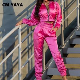 CM.YAYA Sport Bright Solid Women's Set Track Jacket and Pants Suit Active Sweatsuit Tracksuit Two Piece Fitness Outfits 220315