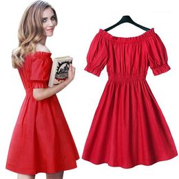 Party Dresses Wholesale- Summer Dress 2021 Cute Off Shoulder Red Sexy Kawaii Puff Sleeve Robe Casual Vestidos Plus Size Women Dress1