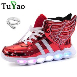 New Angel Wings Casual Shoes with USB Led Baby Girls Boys Light Up Luminous Sneakers Glowing illuminated Lighted lighting 201112