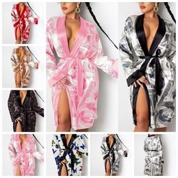 Women Dresses Bandage Long Dress Casual Fashion Pyjama Femme US Dollar Printed Medium Length Home Coat Sexy Cardigan Nightclub Clothes R3911