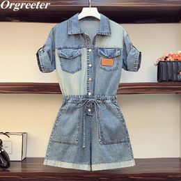 2020 Summer New Cargo Denim Jumpsuits Streetwear Loose Jeans Romper Short Sleeve Lapel Adjustable waist Women Jumpsuits T200704