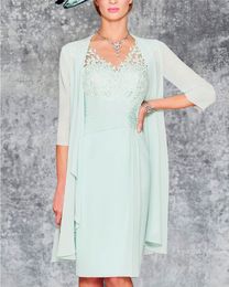 Lace Chiffon Mother of the Bride Dress with 3/4 Sleeve Jacket Knee Length V-neck Ruffles Beading For Wedding Evenig Dress