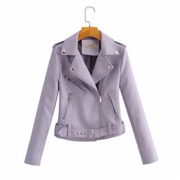 Nuove donne Biker Moto Giacca Primavera Autunno Slim Zipper Viola Cappotti in pelle sintetica femminile con cintura in pelle PVC nero Outwear LJ201012