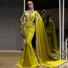 Eightale Gold Evening Dresses High Neck Beaded Rhinestones Mermaid Prom Gown Cape Long Sleeves Satin Arabic Dubai Party Dresses LJ201123