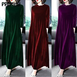 Velvet Dresses Middle Aged Women Winter Plus Size 6XL 5XL Casual Loose Long Sleeve Solid Colour O-neck Maxi Vintage Vestidos 201029