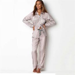 Satin Pijamas Long Sleeves Striped Silk Pajamas for Women Pjs Sleepwear Set Fashion Loungewear Homewear Home Clothes 201217