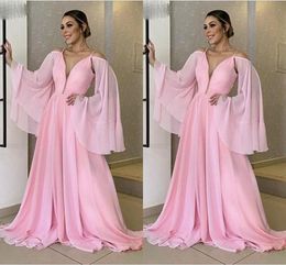 2021 Pink Long Poet Sleeves Prom Dresses Chiffon Off the Shoulder Spaghetti Straps Scoop Neck Custom Made Evening Party Gowns Vestidos