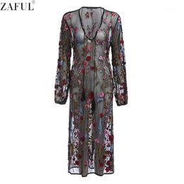Party Dresses Wholesale- ZAFUL Sexy Women Dress Deep V Neck Embroidery Balck Casual Basic Feminino Vestidos Mesh Floral Embroidered Sheer Dr