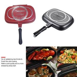 HOT SALE 32/36cm Double Side Grill Fry Pan Cookware Stainless Steel Double Face Steak Fry Pan Kitchen Accessories Cooking Tool 201223