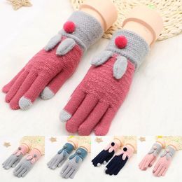 Winter Touch Screen Knitted Gloves Women Female Thick Plush Warm Wrist Driving Gloves Fashion Rabbit Ear Knit Full Finger Gloves