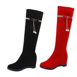 Hot Sale 2020 hot women knee high boots flock pearl zip autumn winter long boots elegant wedges shoes female wedding shoes