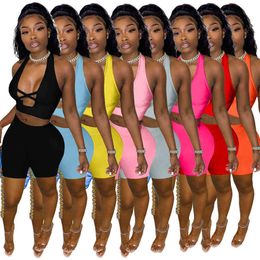Women Tracksuits Two Pieces Set Designer Summer Sleeveless Shorts High Elastic Fabric Hollow Out Outfits Sexy Cross Cut 2022 women clothing