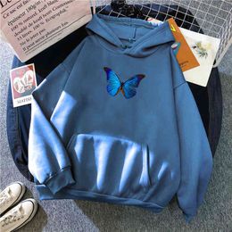 Blue Butterfly Print Sweatshirts Man Harajuku Fleece Long Sleeve Hoody Streetwear Unisex Cartoons Hoody Hip Hop Punk Hoodies H1227