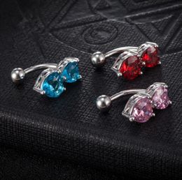 6 Colours Reverse Crystal Bar Belly Ring Gold Body Piercing Button Navel Two Heart body pierce Jewellery Epacket
