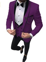 2021 Men Suits 3 Piece Slim Fit Casual Business Groom Purple Shawl Lapel Tuxedos For Men Formal Wedding Suits (Blazer+Pant+Vest)