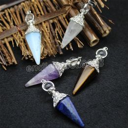 Hexagonal Column Natural Stones Pendants Charms for Dowsing Divination Healing Point Purple Crystal Pink Quarzt Pendulum Reiki Pendule