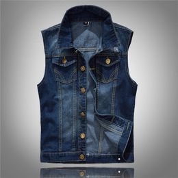 Hot New Size M-5XL Denim Vest Men's Jacket Sleeveless Casual Waistcoat Men's Jean Coat Ripped Slim Fit Male Jacket Cowboy 201126