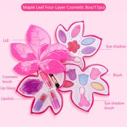 Kids Girls Makeup Tool Kit Cosmetics Play Toy Maple Leaf Shape Children Pretend Toys Box