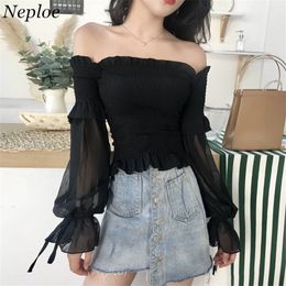 Neploe Black Solid Vintage Chiffon Shirts Off Shoulder Slash Neck Women Tops Slim Long Sleeve See-through Sunscreen Blusas 68074 201126