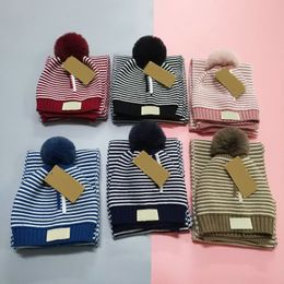 High quality classic Children hat and scarf Beanies Autumn Winter Knitted Skullies Casual Outdoor Hats Solid Hairball Beanie with Pom U-G001