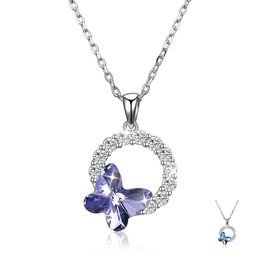 ZEMIOR 925 Sterling Silver Pendant Necklace For Women Butterfly Romantic Circle Austria Crystal Necklace Party Fine Jewelry Q0531