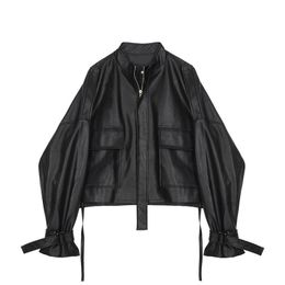 [EWQ] Autumn New Drawstring Strap Long Sleeve Large Size Fashion Women Casual Up Leather Coat Loose Black Jacket QJ87101 201112