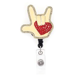 New Arrival Key Rings Crystal Love Gestures Rhinestone For Nurse Accessories Retractable Working ID Badge Holder Reel