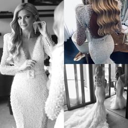 luxury full pearls mermaid wedding dresses long sleeves open back bridal gowns with feathers sweep train wedding dress robes de marie