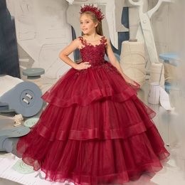 Burgundy Ruffles Flower Girls Dresses Beaded Ball Gown Kids Birthday Party Gown Tier Tulle Lace Appliques Child Comunion Dress