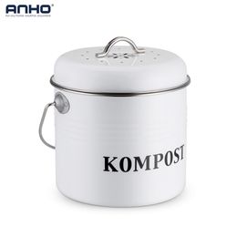 Kitchen Compost Bin 5L Organic Homemade Trash Can Melons Leaves Iron Round Charcoal Filter Bucket Outdoor Accessories LJ200815