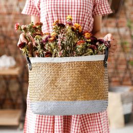 Pastoral Handmade Seagrass Painted Linen Edge Flower Pot PU Handle Braided Rattan Woven Big Laundry Basket LJ201204