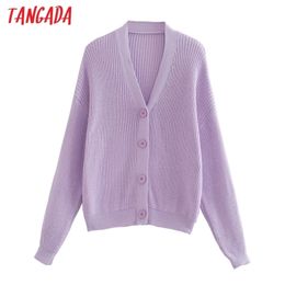 Tangada women loose solid cardigan vintage jumper lady fashion oversized knitted cardigan coat LJ201114