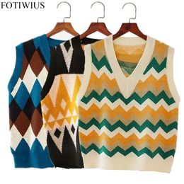 Spring Autumn Knit Vest Women V-Neck Knitted Sweater Coat Sleeveless Striped Waistcoat Outwear Preppy Chalecos Para Mujer 201214