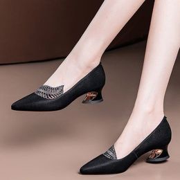 Spring Autumn Woman Pumps Crystal Bling Boat Shoes Med heels Dress Shoes Tree Slip on Ladies Shoe Blue Black Zapatos Mujer 9365N