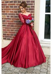 2020 red Evening Dresses v neck lace long sleeves vestidos largos invierno Prom Dresses vestidos fies A Line Satin Party Long Formal Gowns