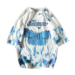 2021 popular male hip-hop short-sleeved blue butterfly casual jacket oversize T-shirt G1229