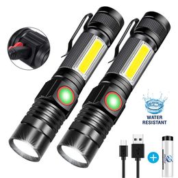 2022 new Super Bright T6 LED Flashlight USB Rechargeable Waterproof COB Torch Zoom Camping Lamp Portable 18650 Lantern with Tail Magnet