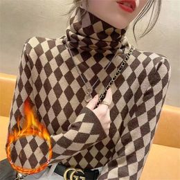 Winter Korean Style Thicken Warm Turtleneck T-Shirt Women Double-Sided Velvet Soft Bottoming Top Fashion Plaid Long Sleeved Tees 220217