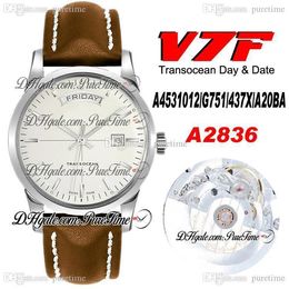 2020 V7F Transocean Day & Date A4531012 ETA A2836 Automatic Mens Watch Silver Dial Brown Leather White Line Best Edition PTBL Puretime 8Ac3