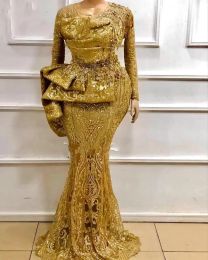 2022 Gold Lace Appliques Prom Dresses For Black Girls With Long Sleeves Sequin Lace Scoop African Aso Ebi Evening Gowns Women Party Wear BES121