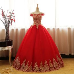 2021 New Arrival Sexy Bateau Red Ball Gown Quinceanera Dresses With Gold Appliques Sweet 16 Dress Debutante Prom Party Dress Custom Made 006