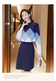 2021 A Line Korean Autumn Women Geometry Pullover långärmad stickad tröja Bodycon midi kjol Set Women Dresses Two Piece Outfits