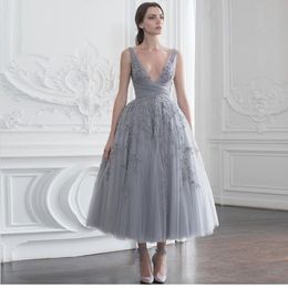 Verngo Grey Evening Dresses Short Beading Evening dress Elegant Prom Gowns Vintage Formal Dress Party Robe De Soiree LJ201119