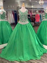 Little Queen Girl Pageant Dress 2022 Crystals Ballgown Chiffon Preteen Teen Formal Event Party Wear Gowns Zipper Keyhole Sparkling C155 Kelly Green Light Rose