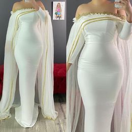 2021 Elegant White Evening Dresses Mermaid 3/4 Long Sleeves Off The Shoulder Satin With Cape Appliqued Custom Made Prom Party Gown Vestidos 401 401