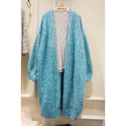Autumn new design women's v-neck long sleeve loose palazzo mohair wool knitted lurex shinny sweater cardigan medium long coat