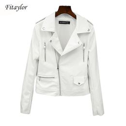 Fitaylor New Spring Autumn Women Biker Leather Jacket Soft PU Punk Outwear Casual Motor Faux Leather White Jacket 210201